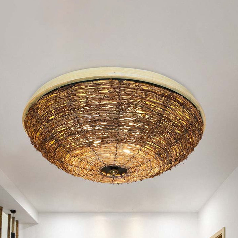 Bowl Flush Ceiling Lamp Tradition Rattan Wood 3 Bulbs Ceiling Light Fixture, 12.5"/16.5" Wide Wood 16.5" Clearhalo 'Ceiling Lights' 'Close To Ceiling Lights' 'Close to ceiling' 'Flush mount' Lighting' 267896