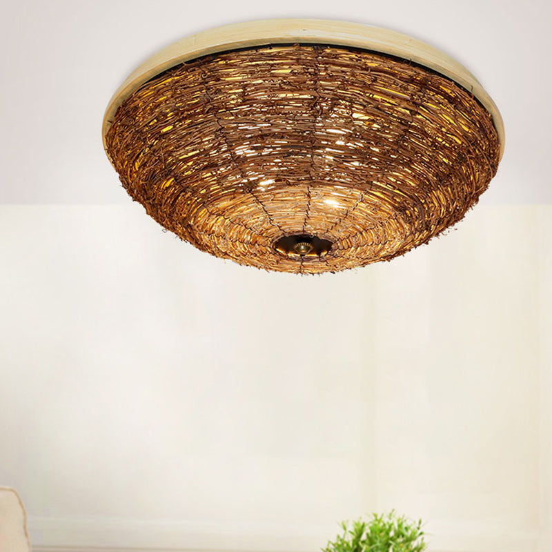 Bowl Flush Ceiling Lamp Tradition Rattan Wood 3 Bulbs Ceiling Light Fixture, 12.5"/16.5" Wide Clearhalo 'Ceiling Lights' 'Close To Ceiling Lights' 'Close to ceiling' 'Flush mount' Lighting' 267897