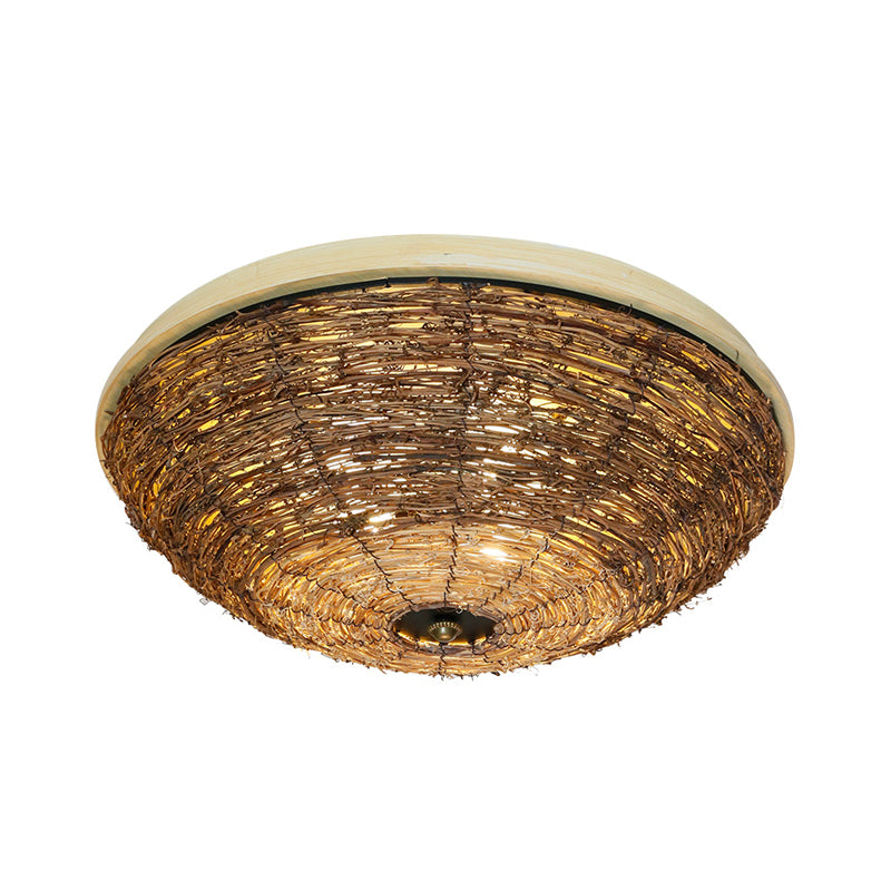 Bowl Flush Ceiling Lamp Tradition Rattan Wood 3 Bulbs Ceiling Light Fixture, 12.5"/16.5" Wide Clearhalo 'Ceiling Lights' 'Close To Ceiling Lights' 'Close to ceiling' 'Flush mount' Lighting' 267900