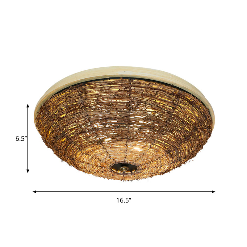 Bowl Flush Ceiling Lamp Tradition Rattan Wood 3 Bulbs Ceiling Light Fixture, 12.5"/16.5" Wide Clearhalo 'Ceiling Lights' 'Close To Ceiling Lights' 'Close to ceiling' 'Flush mount' Lighting' 267901