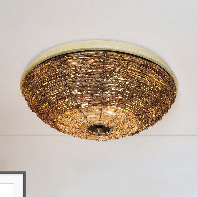 Bowl Flush Ceiling Lamp Tradition Rattan Wood 3 Bulbs Ceiling Light Fixture, 12.5"/16.5" Wide Wood 12.5" Clearhalo 'Ceiling Lights' 'Close To Ceiling Lights' 'Close to ceiling' 'Flush mount' Lighting' 267902