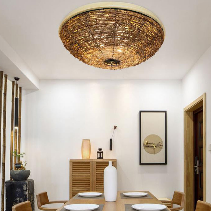 Bowl Flush Ceiling Lamp Tradition Rattan Wood 3 Bulbs Ceiling Light Fixture, 12.5"/16.5" Wide Clearhalo 'Ceiling Lights' 'Close To Ceiling Lights' 'Close to ceiling' 'Flush mount' Lighting' 267904