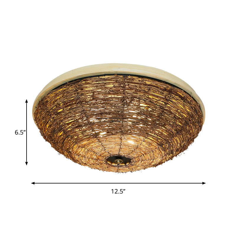 Bowl Flush Ceiling Lamp Tradition Rattan Wood 3 Bulbs Ceiling Light Fixture, 12.5"/16.5" Wide Clearhalo 'Ceiling Lights' 'Close To Ceiling Lights' 'Close to ceiling' 'Flush mount' Lighting' 267906