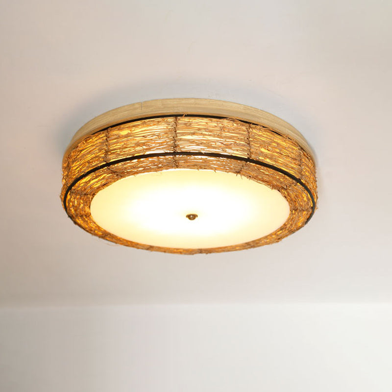 Round Flush Mount Traditional Rattan 12.5"/16.5" Wide 5 Bulbs Wood Ceiling Mount Chandelier Wood 16.5" Clearhalo 'Ceiling Lights' 'Close To Ceiling Lights' 'Close to ceiling' 'Flush mount' Lighting' 267907