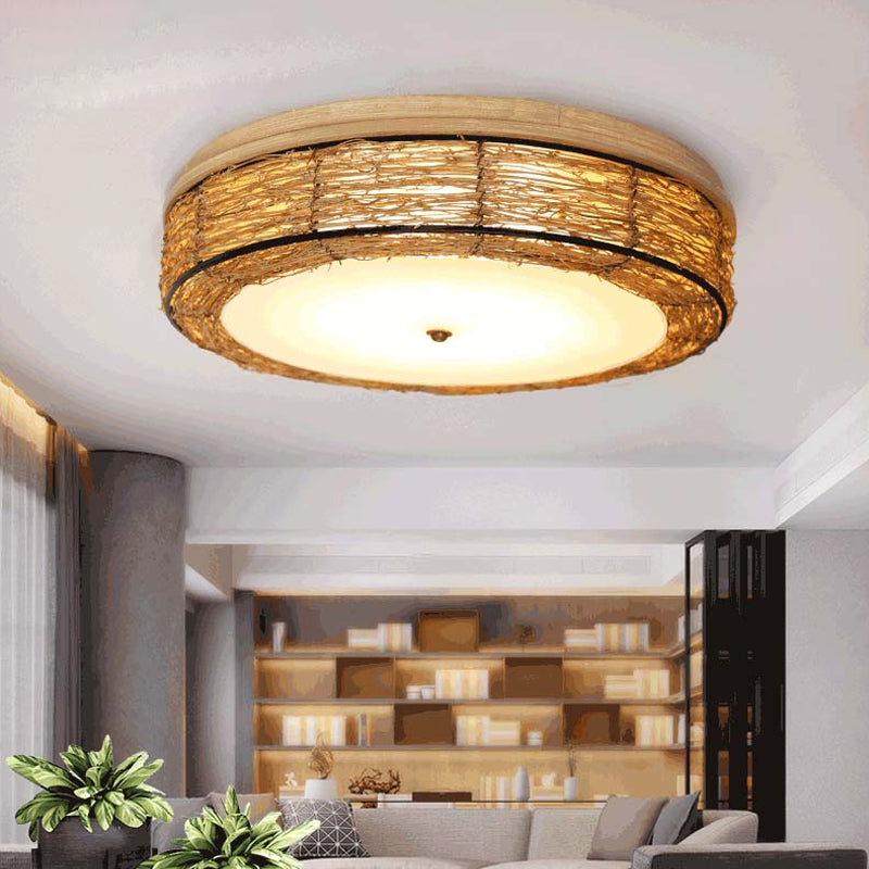 Round Flush Mount Traditional Rattan 12.5"/16.5" Wide 5 Bulbs Wood Ceiling Mount Chandelier Clearhalo 'Ceiling Lights' 'Close To Ceiling Lights' 'Close to ceiling' 'Flush mount' Lighting' 267908