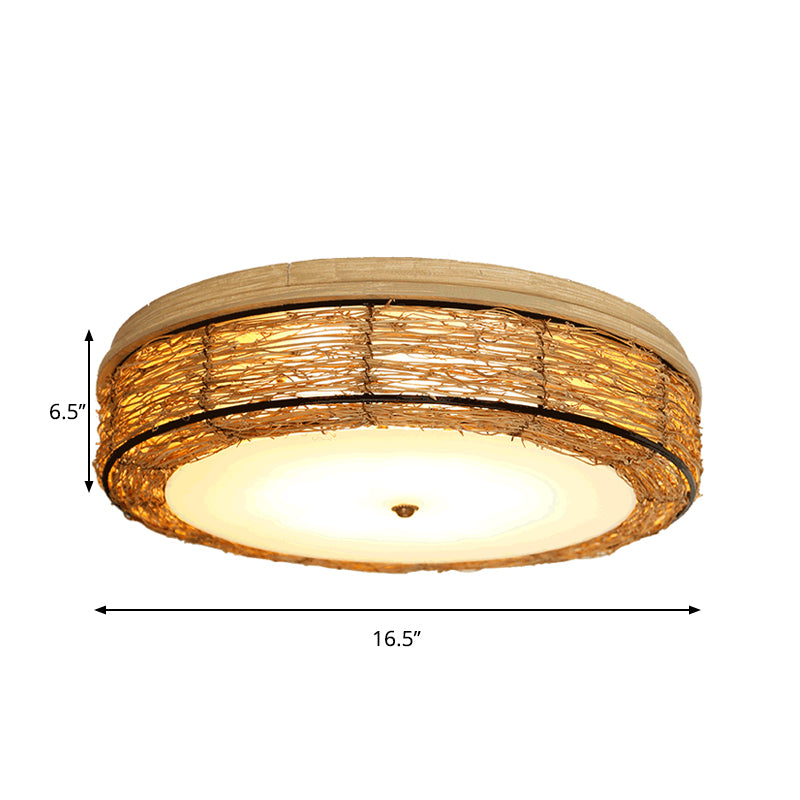 Round Flush Mount Traditional Rattan 12.5"/16.5" Wide 5 Bulbs Wood Ceiling Mount Chandelier Clearhalo 'Ceiling Lights' 'Close To Ceiling Lights' 'Close to ceiling' 'Flush mount' Lighting' 267911