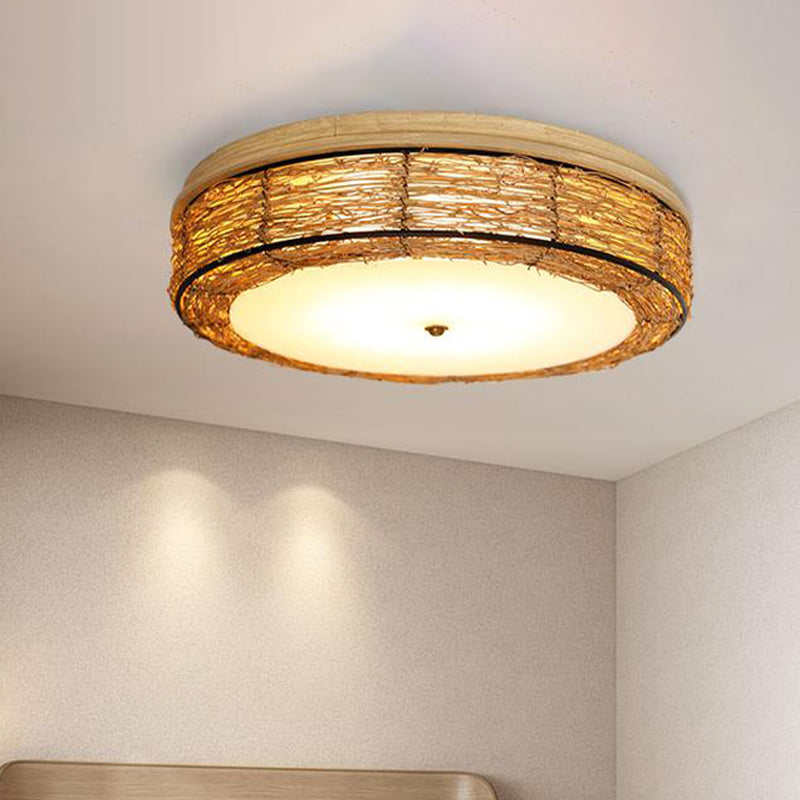 Round Flush Mount Traditional Rattan 12.5"/16.5" Wide 5 Bulbs Wood Ceiling Mount Chandelier Wood 12.5" Clearhalo 'Ceiling Lights' 'Close To Ceiling Lights' 'Close to ceiling' 'Flush mount' Lighting' 267912