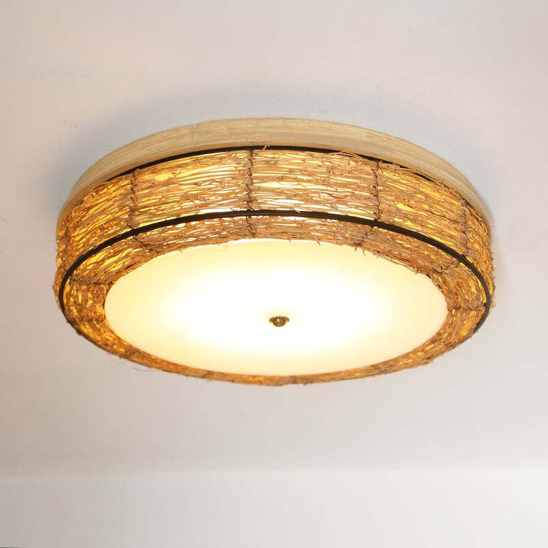 Round Flush Mount Traditional Rattan 12.5"/16.5" Wide 5 Bulbs Wood Ceiling Mount Chandelier Clearhalo 'Ceiling Lights' 'Close To Ceiling Lights' 'Close to ceiling' 'Flush mount' Lighting' 267913