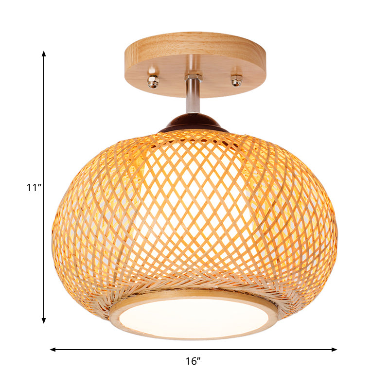 10"/14"/16" Wide Lantern Semi Flush Mount Traditional Bamboo Wood 1 Bulb Flush Mount Ceiling Fixture Clearhalo 'Ceiling Lights' 'Close To Ceiling Lights' 'Close to ceiling' 'Semi-flushmount' Lighting' 267931