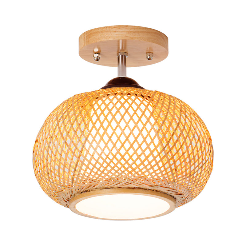 10"/14"/16" Wide Lantern Semi Flush Mount Traditional Bamboo Wood 1 Bulb Flush Mount Ceiling Fixture Clearhalo 'Ceiling Lights' 'Close To Ceiling Lights' 'Close to ceiling' 'Semi-flushmount' Lighting' 267935