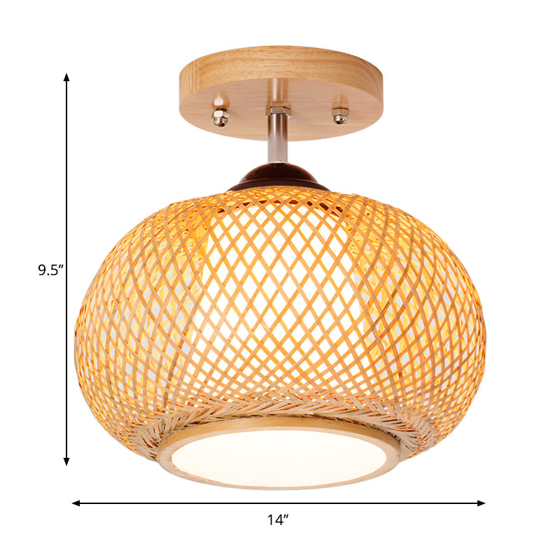 10"/14"/16" Wide Lantern Semi Flush Mount Traditional Bamboo Wood 1 Bulb Flush Mount Ceiling Fixture Clearhalo 'Ceiling Lights' 'Close To Ceiling Lights' 'Close to ceiling' 'Semi-flushmount' Lighting' 267936