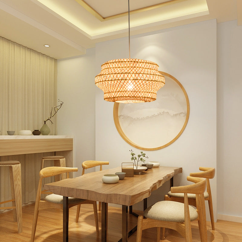 1 Bulb Handmade Pendant Lighting Traditional Bamboo Hanging Light Fixture in Wood Clearhalo 'Ceiling Lights' 'Pendant Lights' 'Pendants' Lighting' 268011
