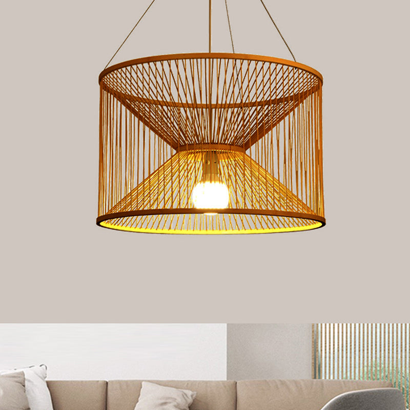 Rustic Hourglass Hanging Light Bamboo 1 Bulb Ceiling Pendant Lamp in Wood for Living Room Clearhalo 'Ceiling Lights' 'Pendant Lights' 'Pendants' Lighting' 268016