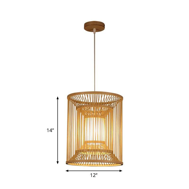 Cylindrical Pendant Lighting Tradition Bamboo 1 Bulb Wood Hanging Lamp Kit for Tearoom Clearhalo 'Ceiling Lights' 'Pendant Lights' 'Pendants' Lighting' 268036