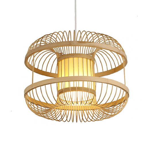 Modern Round Pendant Lighting Bamboo 1 Bulb Hanging Light Fixture in Wood with Cylinder Parchment Shade Clearhalo 'Ceiling Lights' 'Pendant Lights' 'Pendants' Lighting' 268077