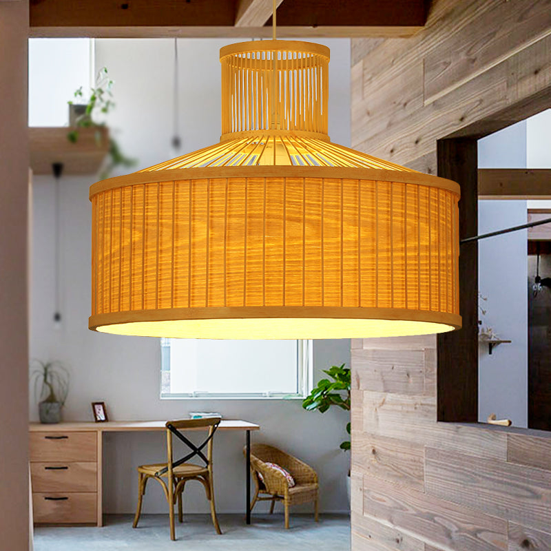 18"/23.5" Wide Cylinder Suspension Pendant Retro Bamboo 1 Bulb Wood Hanging Light Kit Clearhalo 'Ceiling Lights' 'Pendant Lights' 'Pendants' Lighting' 268104