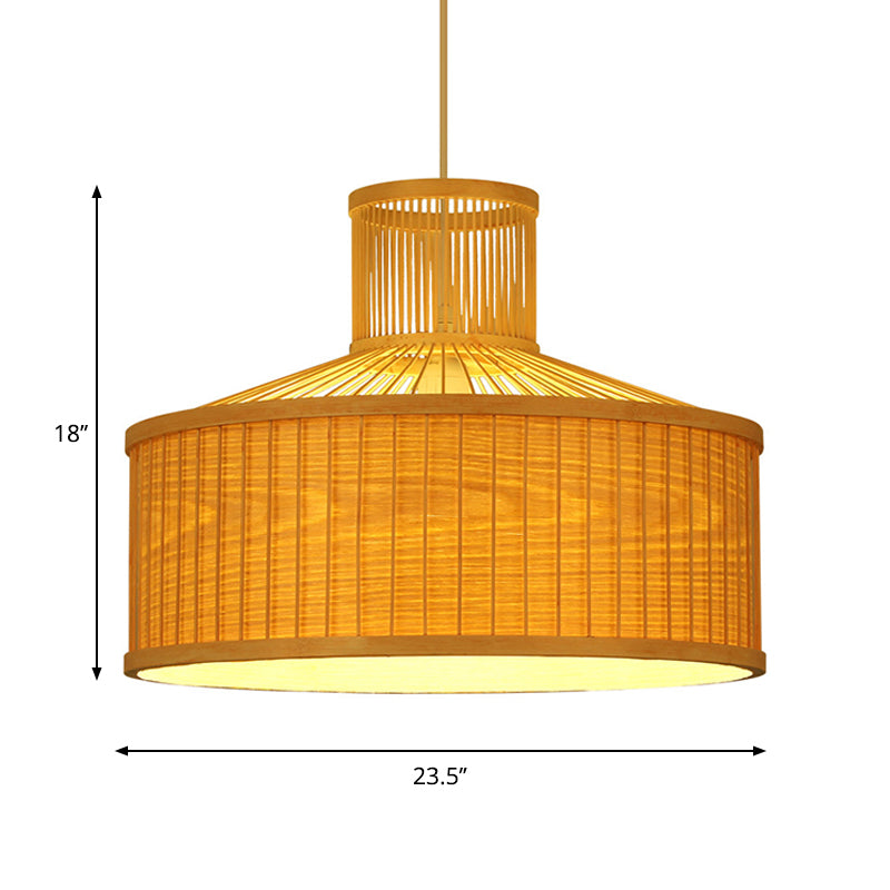 18"/23.5" Wide Cylinder Suspension Pendant Retro Bamboo 1 Bulb Wood Hanging Light Kit Clearhalo 'Ceiling Lights' 'Pendant Lights' 'Pendants' Lighting' 268107