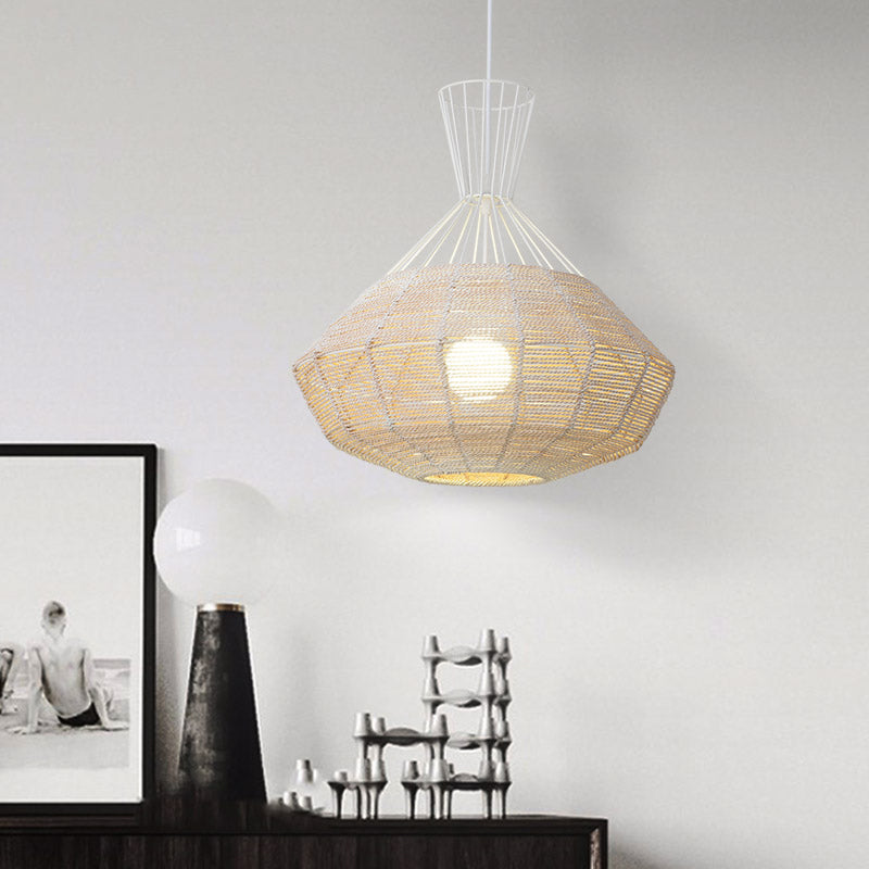 Diamond Suspension Lighting Traditional Rattan 1 Bulb 14"/18" Wide Wood Hanging Ceiling Light Clearhalo 'Ceiling Lights' 'Pendant Lights' 'Pendants' Lighting' 268130