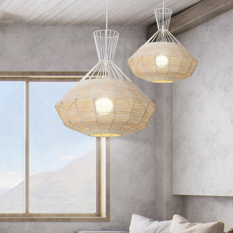 Diamond Suspension Lighting Traditional Rattan 1 Bulb 14"/18" Wide Wood Hanging Ceiling Light Clearhalo 'Ceiling Lights' 'Pendant Lights' 'Pendants' Lighting' 268132