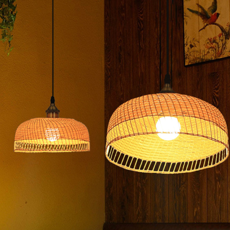 Wood Dome Suspension Pendant Contemporary Bamboo 1 Bulb Hanging Light Fixture Clearhalo 'Ceiling Lights' 'Pendant Lights' 'Pendants' Lighting' 268137