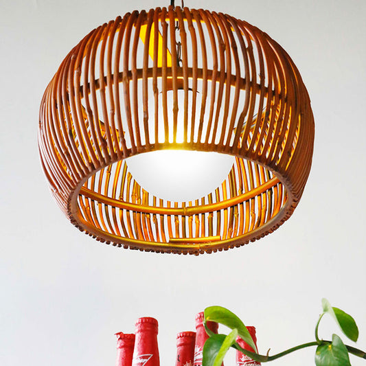 Red Brown Drum Hanging Lamp Retro 1 Head Bamboo Ceiling Pendant Light with Ball Opal Glass Shade Clearhalo 'Ceiling Lights' 'Pendant Lights' 'Pendants' Lighting' 268164