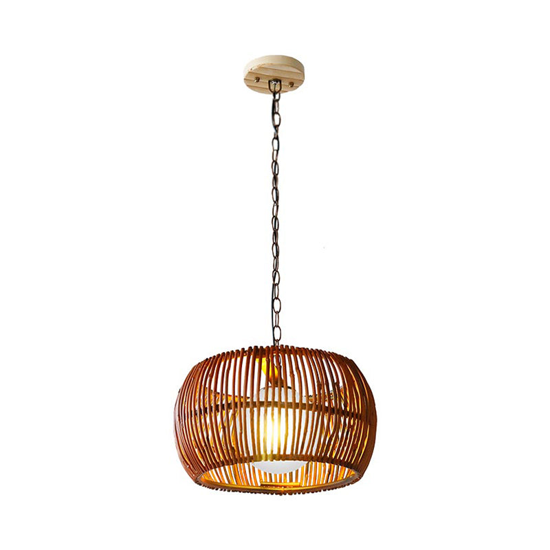 Red Brown Drum Hanging Lamp Retro 1 Head Bamboo Ceiling Pendant Light with Ball Opal Glass Shade Clearhalo 'Ceiling Lights' 'Pendant Lights' 'Pendants' Lighting' 268166