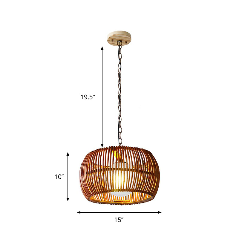 Red Brown Drum Hanging Lamp Retro 1 Head Bamboo Ceiling Pendant Light with Ball Opal Glass Shade Clearhalo 'Ceiling Lights' 'Pendant Lights' 'Pendants' Lighting' 268167