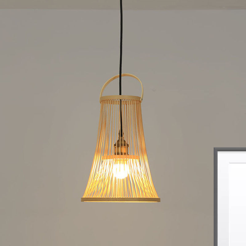 1 Bulb Wide Flare Pendant Lighting Modernist Bamboo Hanging Light Fixture in Wood Wood Clearhalo 'Ceiling Lights' 'Pendant Lights' 'Pendants' Lighting' 268168_bb57755f-ee17-42aa-bc07-e7ae3e366d15