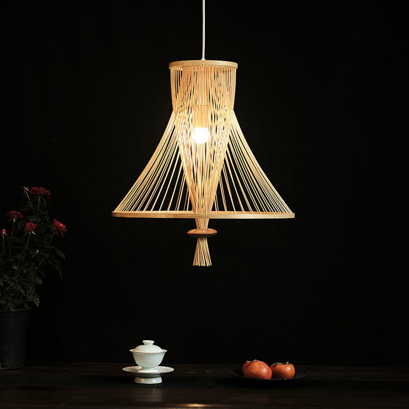 Cone Suspension Pendant Retro Bamboo 1 Bulb Wood Hanging Light Kit for Guesthouse Wood Clearhalo 'Ceiling Lights' 'Pendant Lights' 'Pendants' Lighting' 268173_2a764dd2-aac4-45fb-b56e-4d565ab7618c