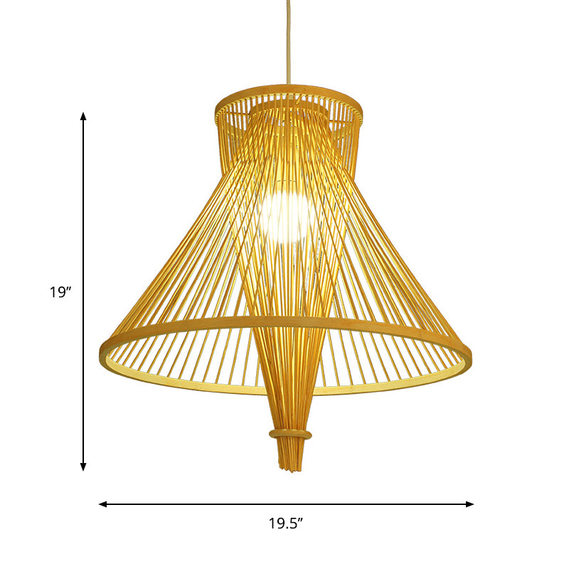 Cone Suspension Pendant Retro Bamboo 1 Bulb Wood Hanging Light Kit for Guesthouse Clearhalo 'Ceiling Lights' 'Pendant Lights' 'Pendants' Lighting' 268178