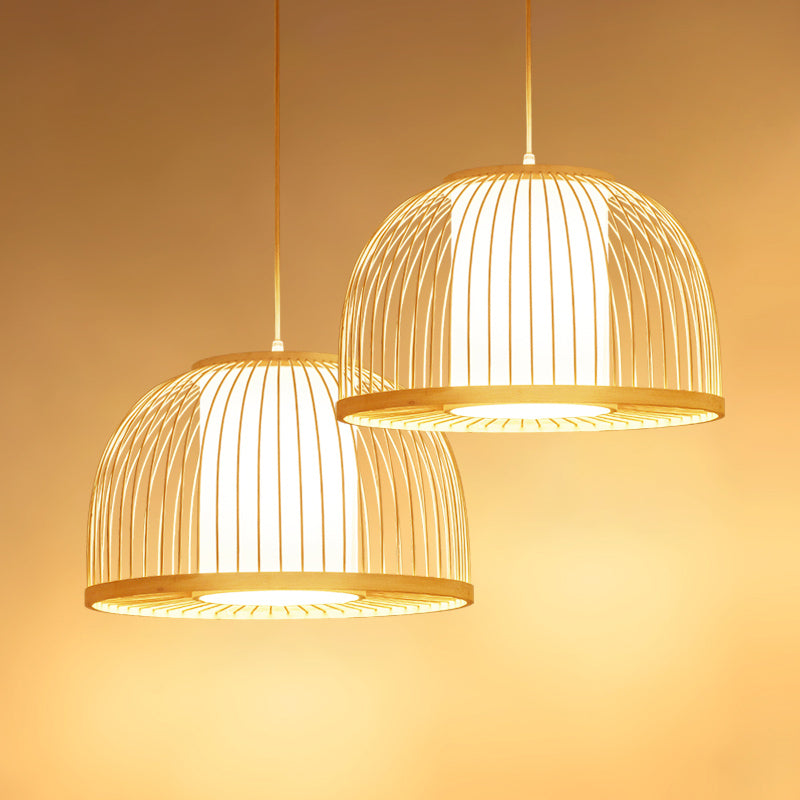 Dome Hanging Light Modernism Bamboo 1 Bulb 14"/16" Wide Wood Ceiling Pendant Lamp with Inner Fabric Shade Clearhalo 'Ceiling Lights' 'Pendant Lights' 'Pendants' Lighting' 268179