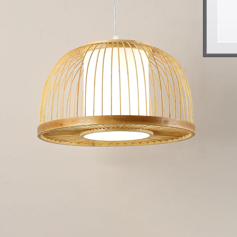 Dome Hanging Light Modernism Bamboo 1 Bulb 14"/16" Wide Wood Ceiling Pendant Lamp with Inner Fabric Shade Clearhalo 'Ceiling Lights' 'Pendant Lights' 'Pendants' Lighting' 268180