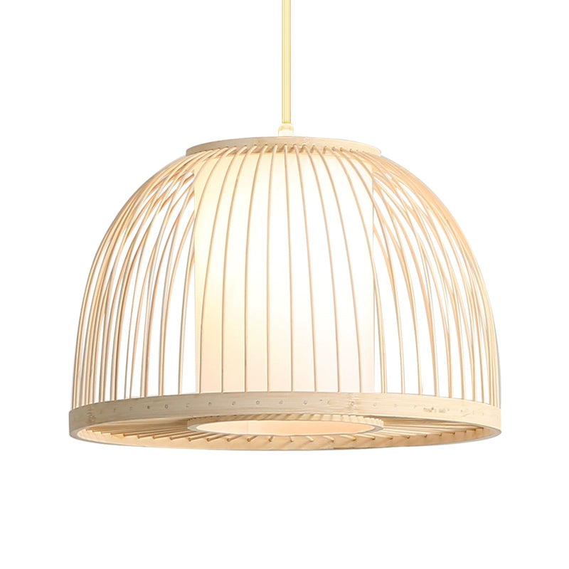 Dome Hanging Light Modernism Bamboo 1 Bulb 14"/16" Wide Wood Ceiling Pendant Lamp with Inner Fabric Shade Clearhalo 'Ceiling Lights' 'Pendant Lights' 'Pendants' Lighting' 268182