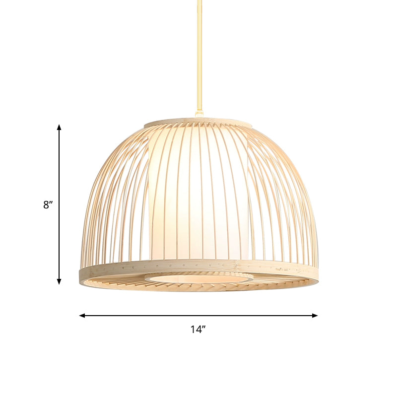 Dome Hanging Light Modernism Bamboo 1 Bulb 14"/16" Wide Wood Ceiling Pendant Lamp with Inner Fabric Shade Clearhalo 'Ceiling Lights' 'Pendant Lights' 'Pendants' Lighting' 268183