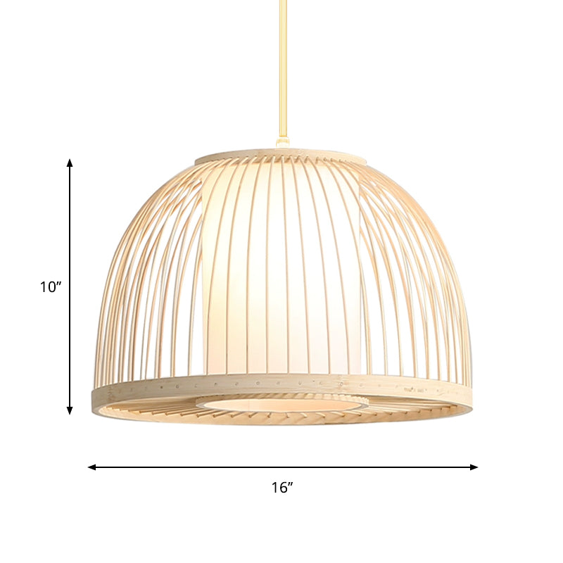 Dome Hanging Light Modernism Bamboo 1 Bulb 14"/16" Wide Wood Ceiling Pendant Lamp with Inner Fabric Shade Clearhalo 'Ceiling Lights' 'Pendant Lights' 'Pendants' Lighting' 268184