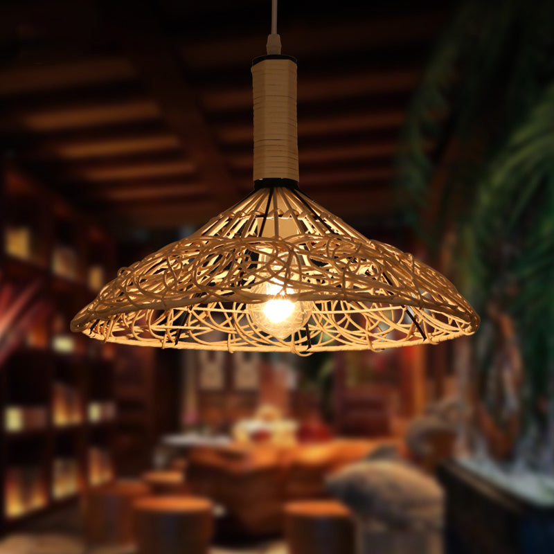 Cone Ceiling Light Asian Rattan 1 Bulb Wood Pendant Light Fixture for Living Room Wood Clearhalo 'Ceiling Lights' 'Pendant Lights' 'Pendants' Lighting' 268197_223ed2d0-6aef-4c17-9205-73d426497b98