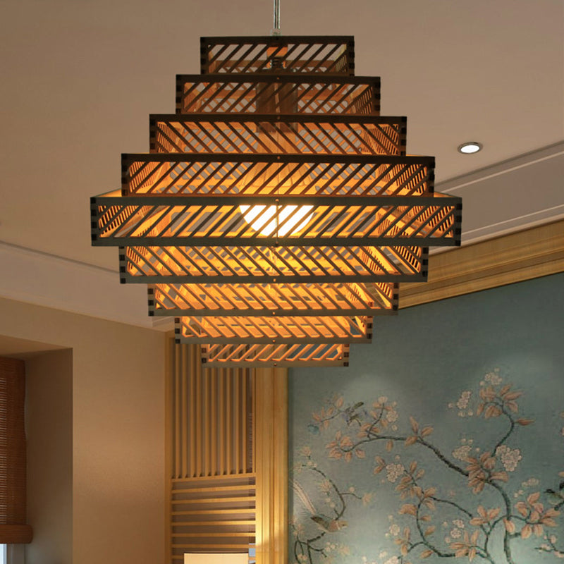 Wood Lantern Suspension Lighting Traditional 1 Bulb Hanging Ceiling Light in Yellow Yellow Clearhalo 'Ceiling Lights' 'Pendant Lights' 'Pendants' Lighting' 268203_1a37f0c0-f414-4d8c-aee3-80b8826c1642