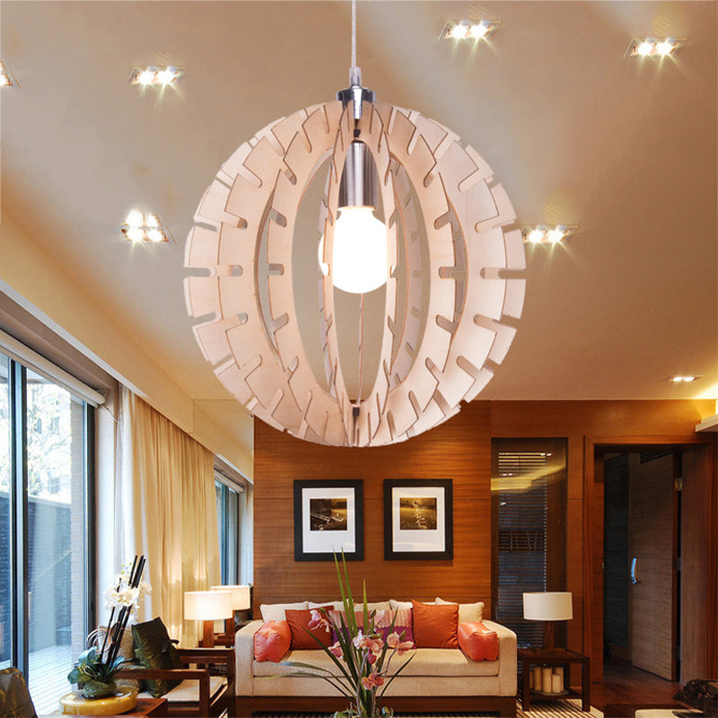 Globe Suspension Pendant Light Contemporary Wood 1 Bulb Beige Hanging Light Fixture Clearhalo 'Ceiling Lights' 'Pendant Lights' 'Pendants' Lighting' 268209