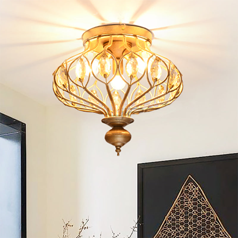 14"/21" Wide Metal Cage Flush Mount Lamp with Crystal Decoration Modern 3/6 Lights Ceiling Mounted Fixture in Brass Brass Clearhalo 'Ceiling Lights' 'Close To Ceiling Lights' 'Close to ceiling' 'Flush mount' Lighting' 268230