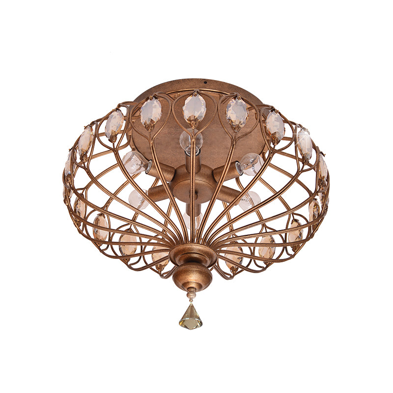 14"/21" Wide Metal Cage Flush Mount Lamp with Crystal Decoration Modern 3/6 Lights Ceiling Mounted Fixture in Brass Clearhalo 'Ceiling Lights' 'Close To Ceiling Lights' 'Close to ceiling' 'Flush mount' Lighting' 268233