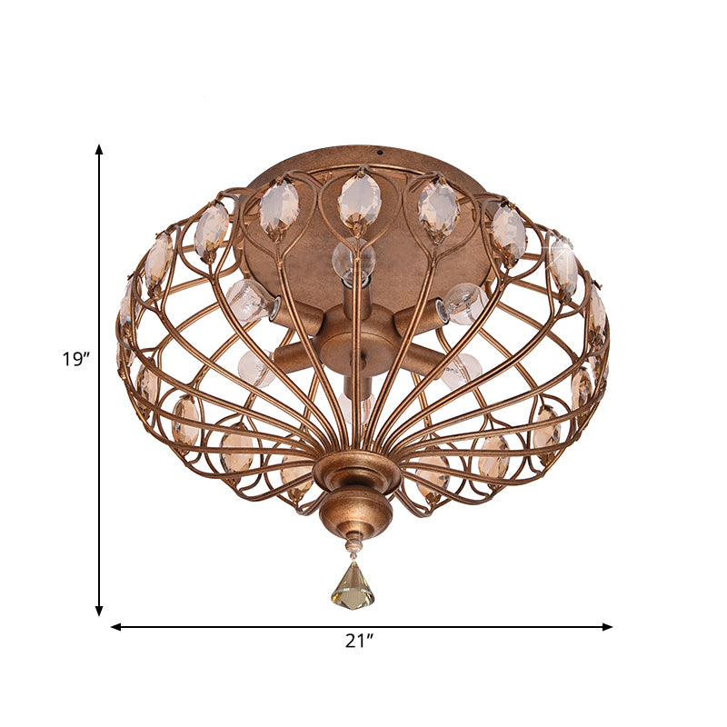 14"/21" Wide Metal Cage Flush Mount Lamp with Crystal Decoration Modern 3/6 Lights Ceiling Mounted Fixture in Brass Clearhalo 'Ceiling Lights' 'Close To Ceiling Lights' 'Close to ceiling' 'Flush mount' Lighting' 268235