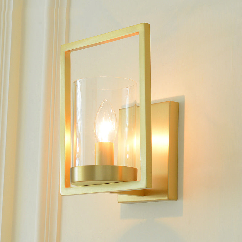 1-Light Cylinder Sconce Light Colonial Brass Clear Glass Wall Mounted Lamp for Living Room Clearhalo 'Wall Lamps & Sconces' 'Wall Lights' Lighting' 268259