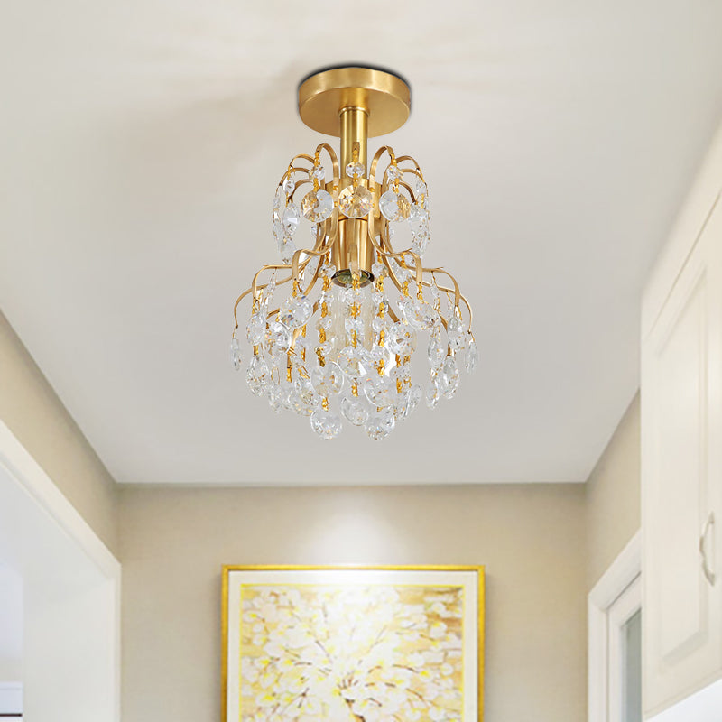 Brass Finish Geometric Semi Flush Ceiling Light Contemporary Metal and Crystal 1 Light Ceiling Light Fixture Brass Clearhalo 'Ceiling Lights' 'Close To Ceiling Lights' 'Close to ceiling' 'Semi-flushmount' Lighting' 268275