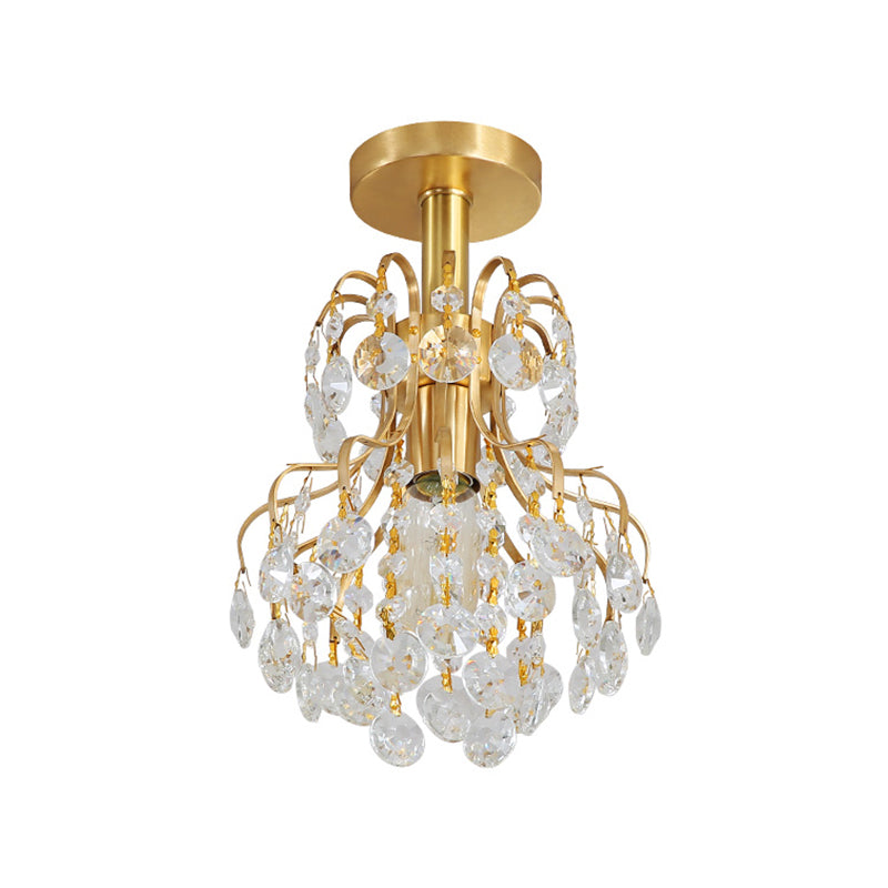 Brass Finish Geometric Semi Flush Ceiling Light Contemporary Metal and Crystal 1 Light Ceiling Light Fixture Clearhalo 'Ceiling Lights' 'Close To Ceiling Lights' 'Close to ceiling' 'Semi-flushmount' Lighting' 268278