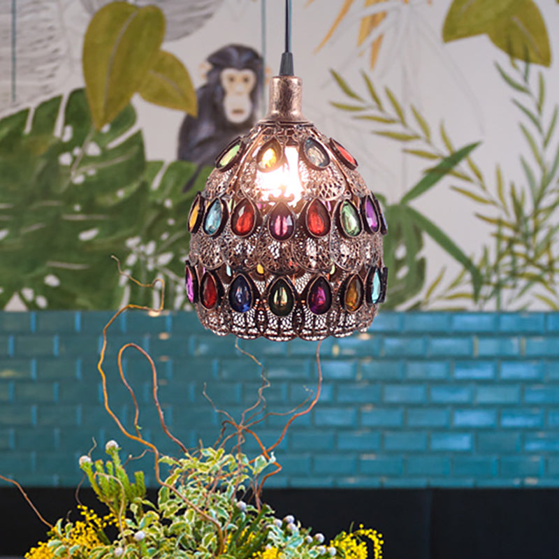 1/3-Light Dome Pendant Ceiling Fixture with Crystal Gem Bohemia Hanging Light in Weathered Copper with Round/Linear Canopy Clearhalo 'Ceiling Lights' 'Pendant Lights' 'Pendants' Lighting' 268281