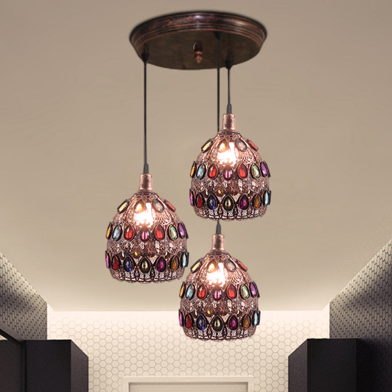 1/3-Light Dome Pendant Ceiling Fixture with Crystal Gem Bohemia Hanging Light in Weathered Copper with Round/Linear Canopy 3 Weathered Copper Round Clearhalo 'Ceiling Lights' 'Pendant Lights' 'Pendants' Lighting' 268287_b0db8f10-9715-4afa-b7c8-1e73d752ff1a