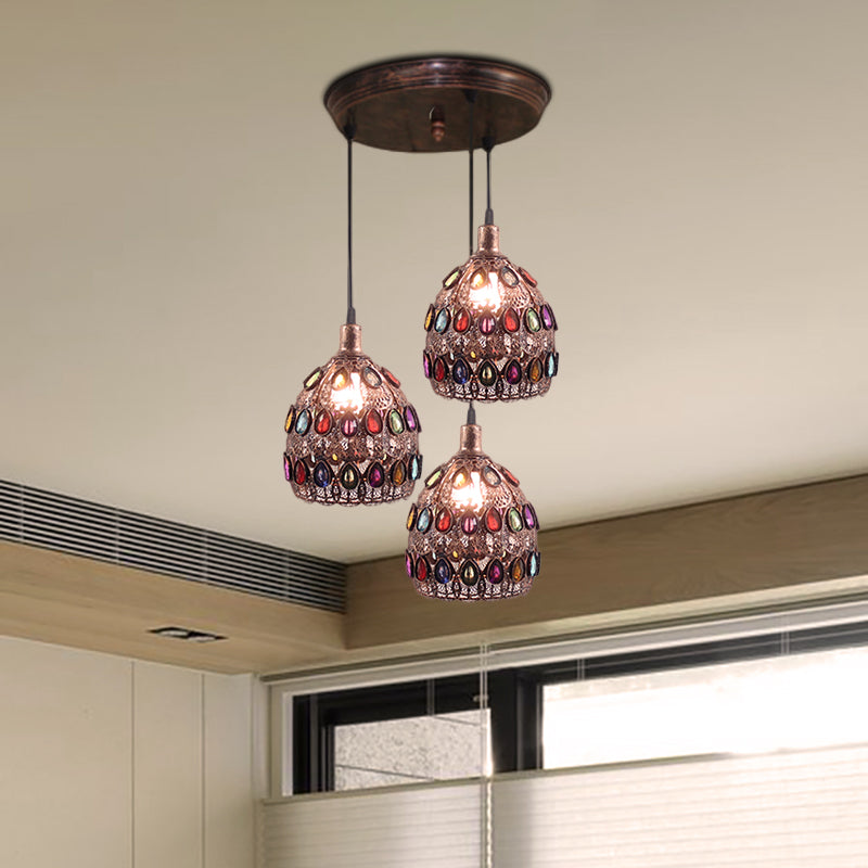 1/3-Light Dome Pendant Ceiling Fixture with Crystal Gem Bohemia Hanging Light in Weathered Copper with Round/Linear Canopy Clearhalo 'Ceiling Lights' 'Pendant Lights' 'Pendants' Lighting' 268288