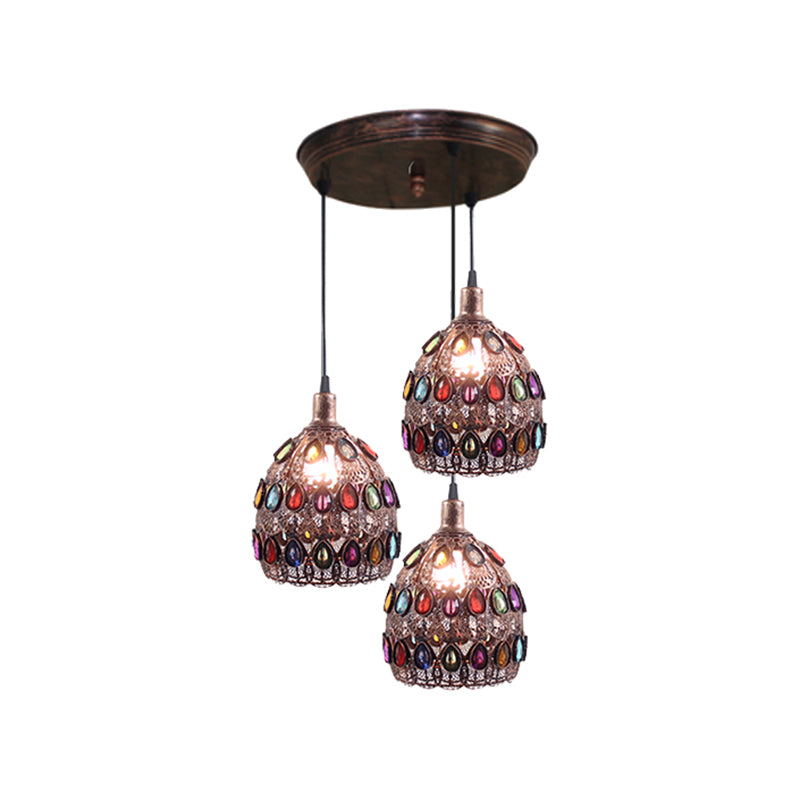 1/3-Light Dome Pendant Ceiling Fixture with Crystal Gem Bohemia Hanging Light in Weathered Copper with Round/Linear Canopy Clearhalo 'Ceiling Lights' 'Pendant Lights' 'Pendants' Lighting' 268290