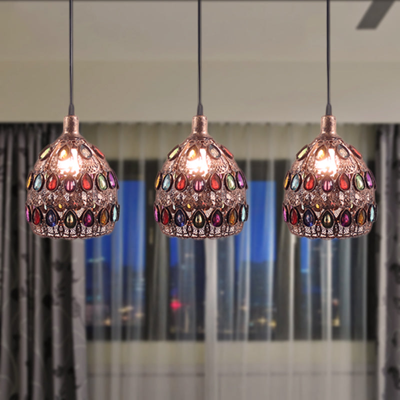 1/3-Light Dome Pendant Ceiling Fixture with Crystal Gem Bohemia Hanging Light in Weathered Copper with Round/Linear Canopy Clearhalo 'Ceiling Lights' 'Pendant Lights' 'Pendants' Lighting' 268292