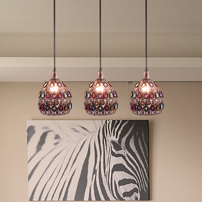 1/3-Light Dome Pendant Ceiling Fixture with Crystal Gem Bohemia Hanging Light in Weathered Copper with Round/Linear Canopy Clearhalo 'Ceiling Lights' 'Pendant Lights' 'Pendants' Lighting' 268293